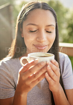 Buy stock photo Woman, peace and coffee on balcony for holiday, vacation and calm for mental health. Girl, tea aroma and relax on resort deck with smile, comfort and travel with nature view at luxury accommodation