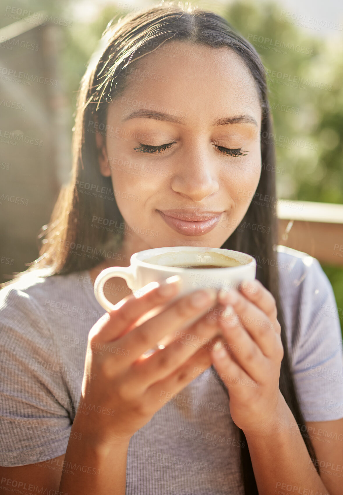 Buy stock photo Woman, peace and coffee on balcony for holiday, vacation and calm for mental health. Girl, tea aroma and relax on resort deck with smile, comfort and travel with nature view at luxury accommodation