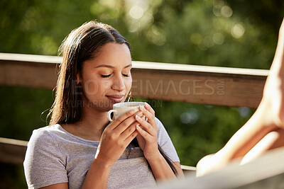 Buy stock photo Woman, peace and coffee on balcony for travel, vacation and calm for mental health. Girl, tea aroma and relax on resort deck with smile, comfort and holiday with nature view at luxury accommodation