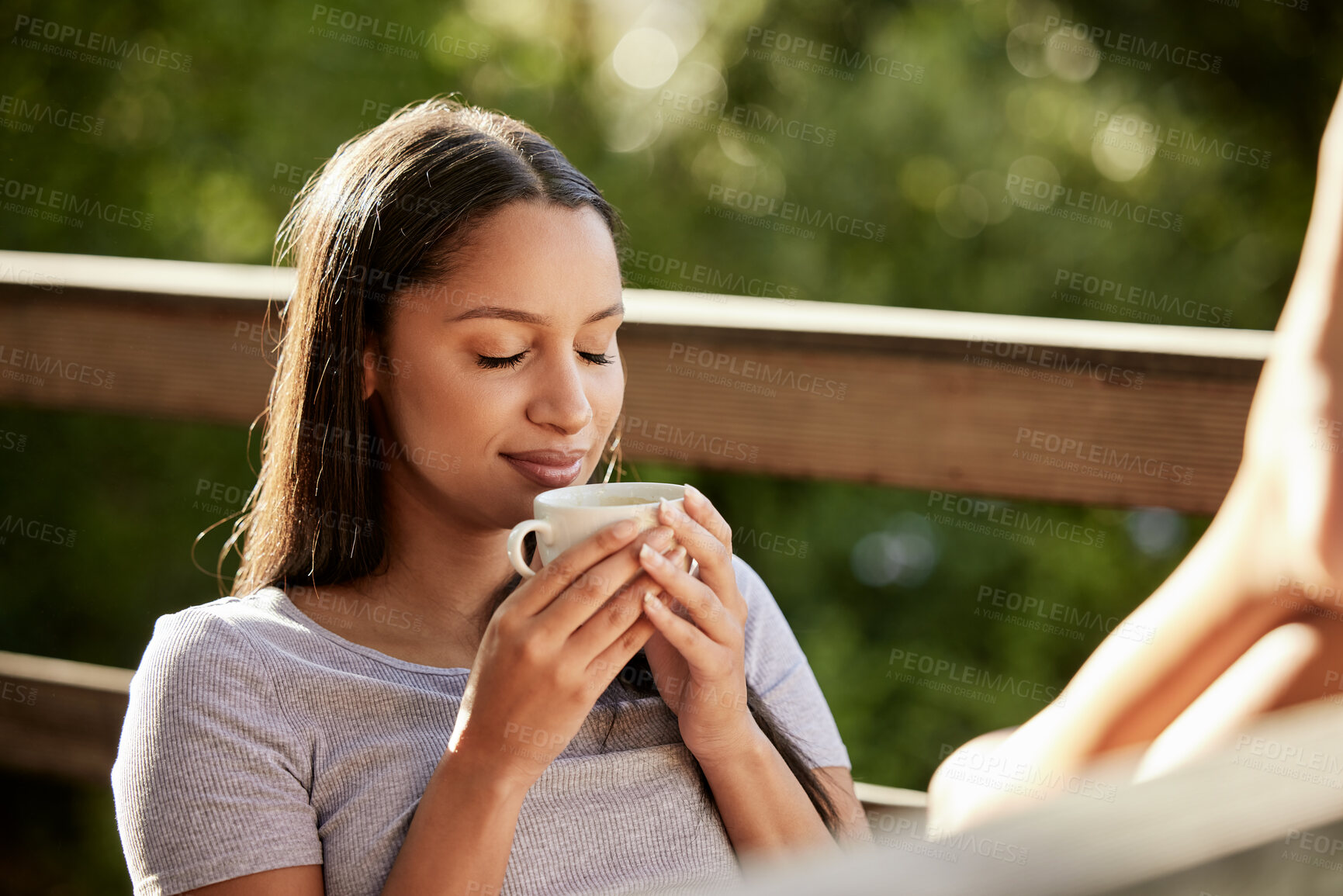 Buy stock photo Woman, peace and coffee on balcony for travel, vacation and calm for mental health. Girl, tea aroma and relax on resort deck with smile, comfort and holiday with nature view at luxury accommodation