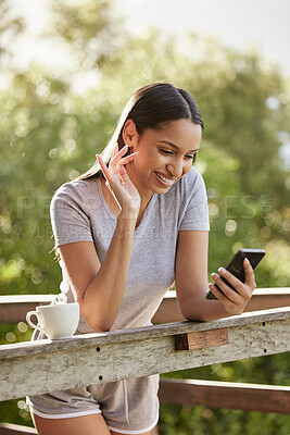 Buy stock photo Happy, woman and wave with video call in nature for communication, network and update of vacation. Person, phone and greeting with virtual chat by balcony for connection, holiday and conversation