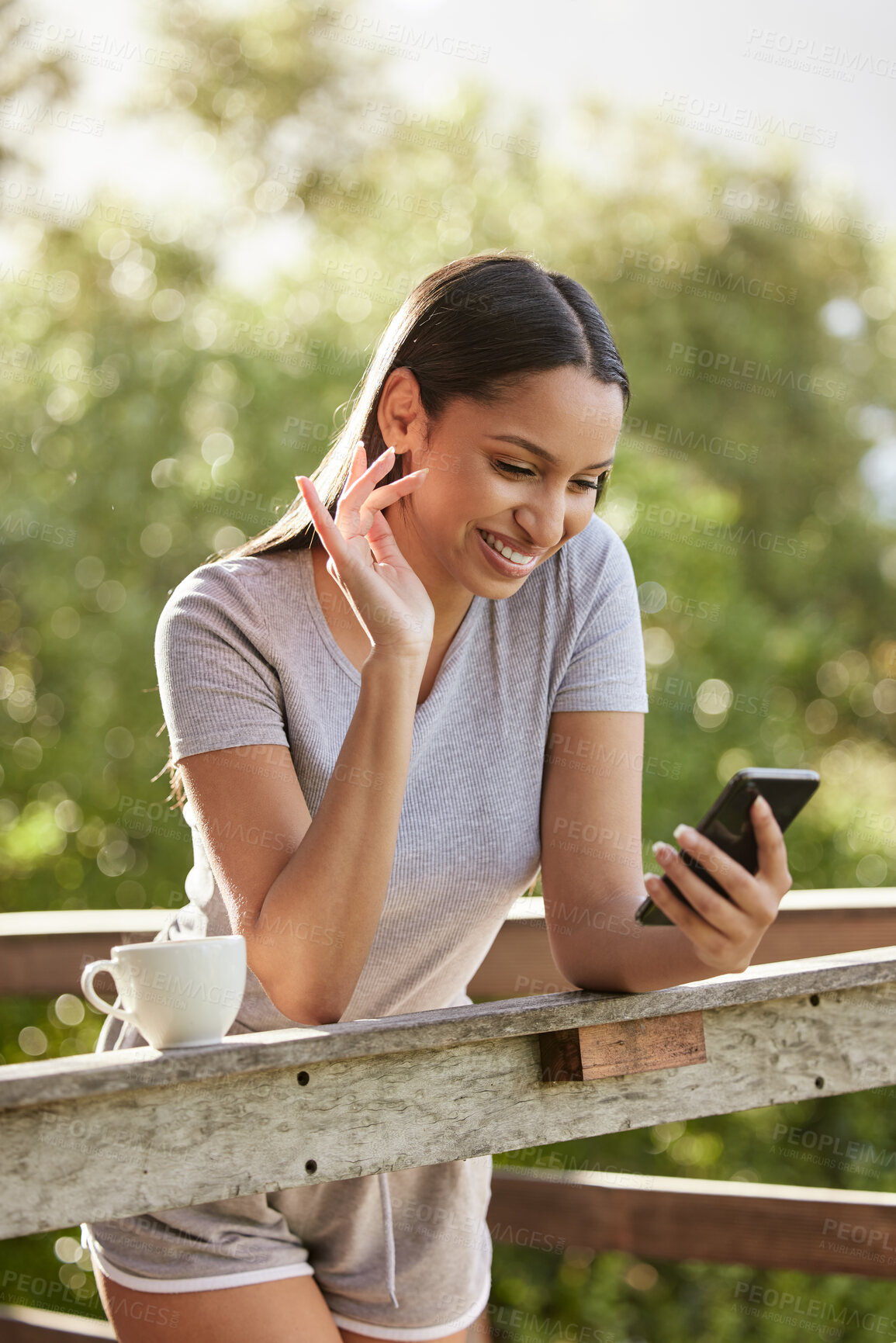 Buy stock photo Happy, woman and wave with video call in nature for communication, network and update of vacation. Person, phone and greeting with virtual chat by balcony for connection, holiday and conversation