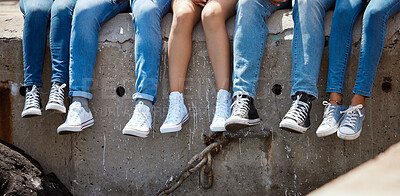 Buy stock photo People, legs and relax on dock for travel, journey break and comfort with sneakers. Friends, feet or rest on harbor for summer vacation, student holiday or enjoy sunshine on pier for social gathering