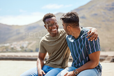 Buy stock photo People, laughing and outdoor hug on vacation, reunion and group together for bonding. Friends, weekend trip and funny conversation with hangout in Monaco, embrace joke and waterfront for holiday