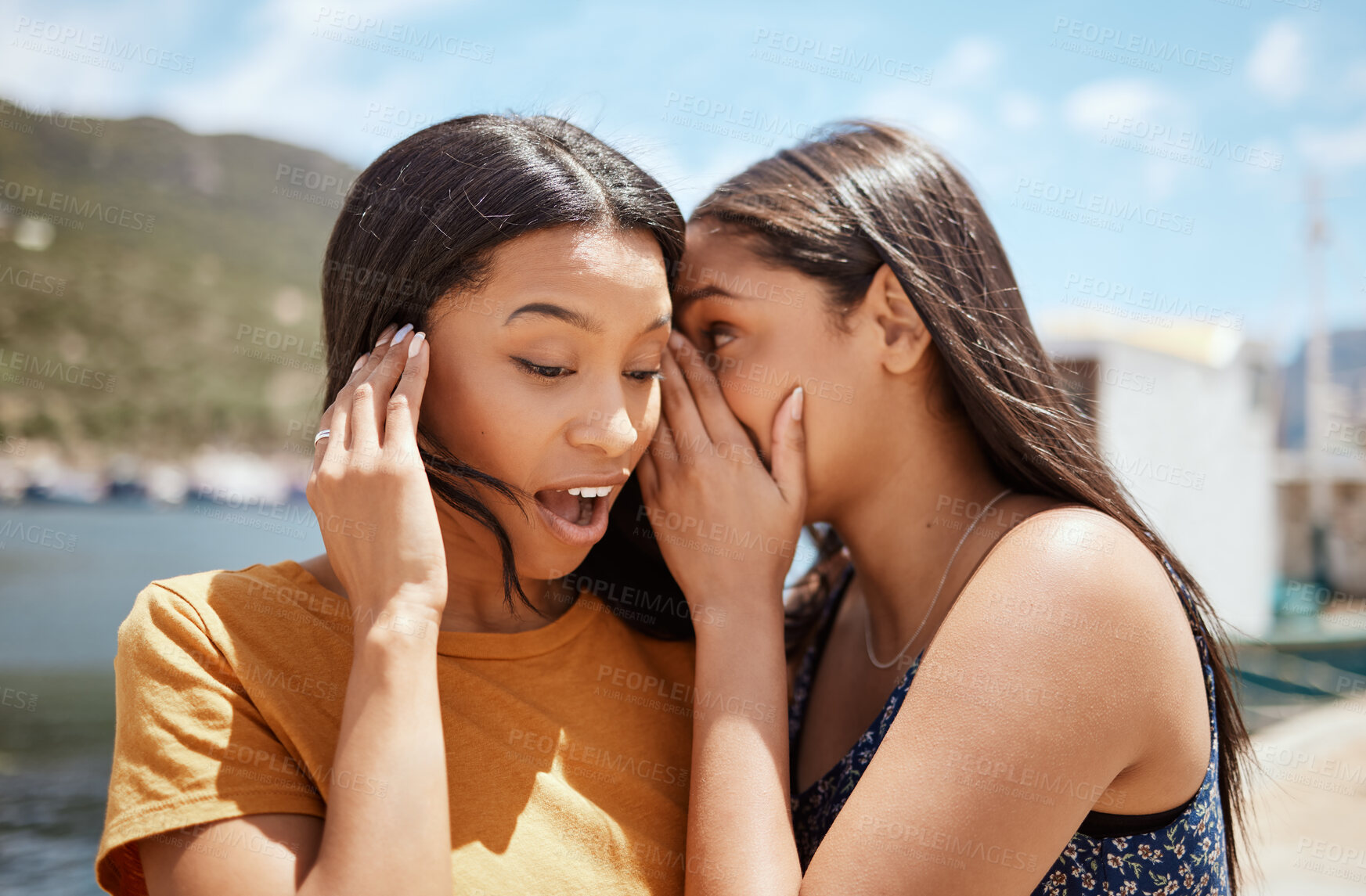 Buy stock photo Women, surprise and whisper with gossip in nature for secret conversation, news and information. Female friends, people harbour and with private communication by ear for announcement, wtf and shock