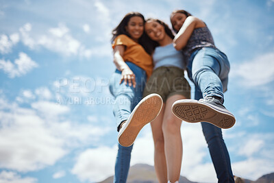 Buy stock photo Low angle, woman and portrait with blue sky on vacation for outdoor adventure, weekend and bonding. Happy, friends and people with clouds in nature for and summer, holiday and tourism together