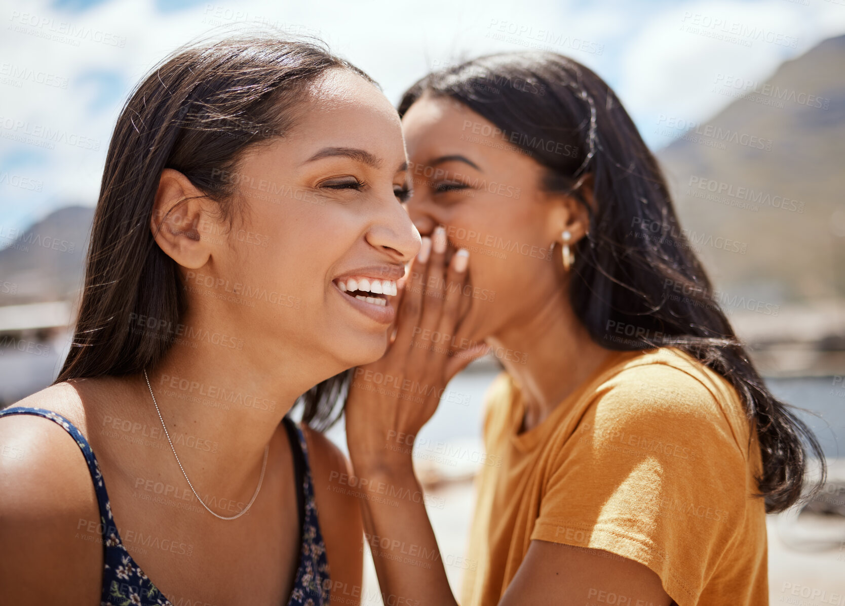 Buy stock photo Women, laughing and whisper with gossip in nature for secret conversation, news and information. Female friends, people and harbour with private communication by ear for announcement, funny and joke