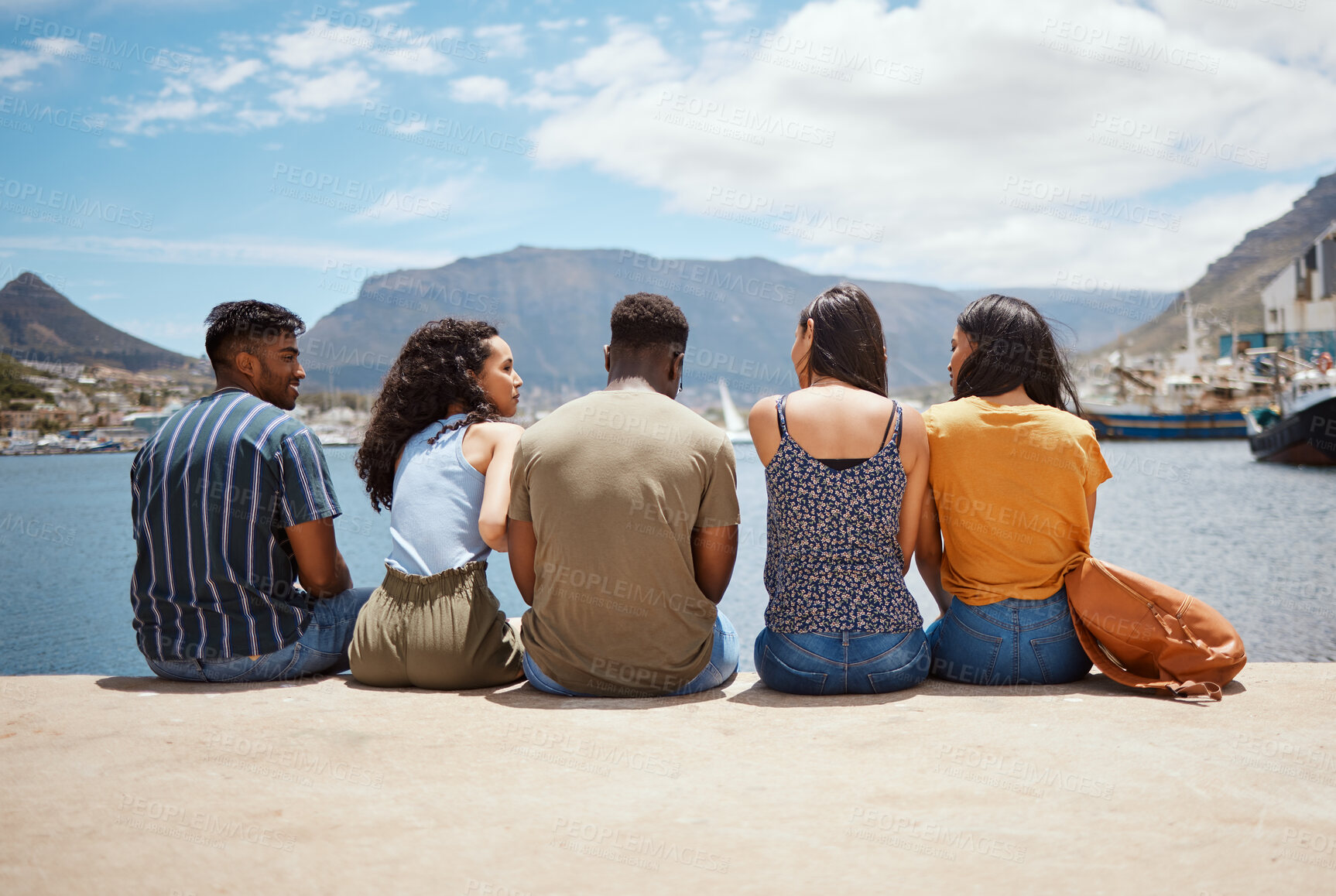 Buy stock photo People, relax and outdoor conversation on pier, international holiday and group together for bonding. Friends, weekend trip and hangout for talking in Monaco, back and waterfront for tourism travel