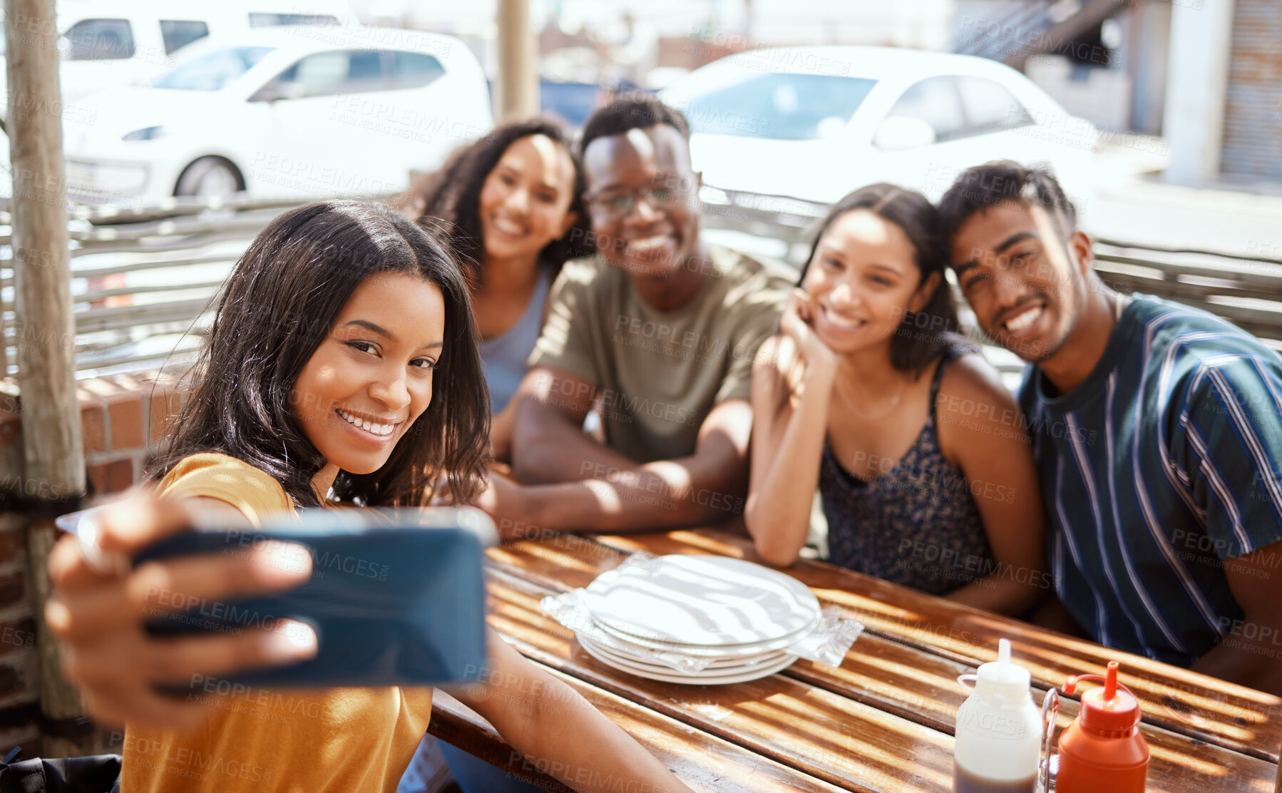 Buy stock photo People, selfie and restaurant for bonding together, diversity and group for lunch profile picture. Friends, social media update and coffee shop for reunion, online photography and love in bistro