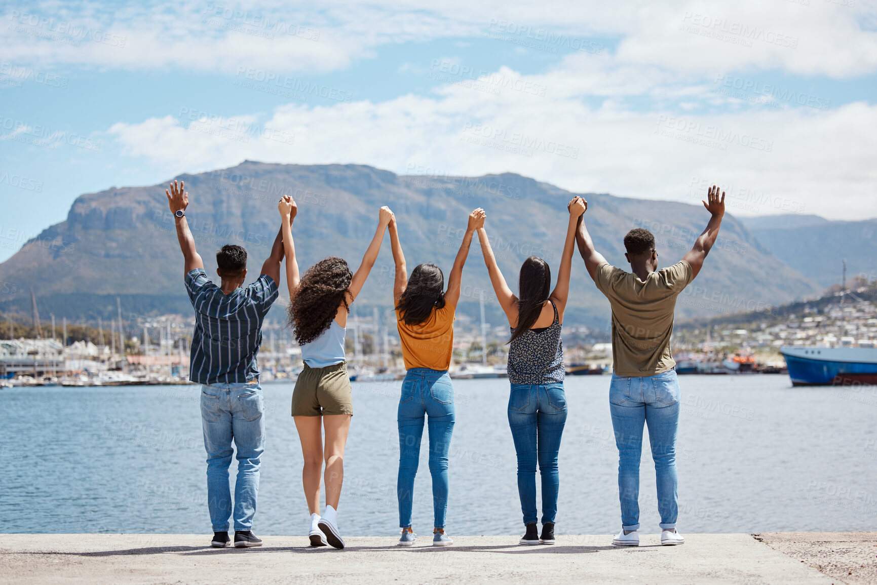 Buy stock photo People, holding hands and outdoor freedom on vacation, reunion and group together for bonding. Friends, weekend and support on adventure for hangout in Monaco, back and waterfront for celebration