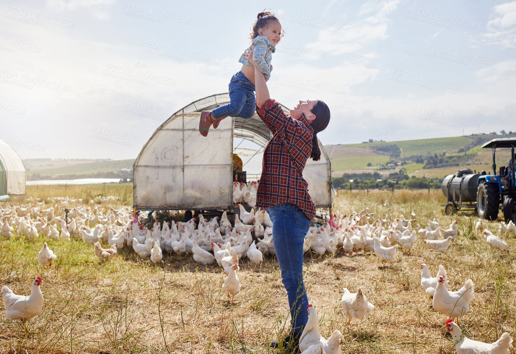 Buy stock photo Mother, child and play at farm with chicken, lift and excited for organic poultry production in countryside. Mom, toddler and bonding with love, bird and hen for eggs, meat and protein in Italy