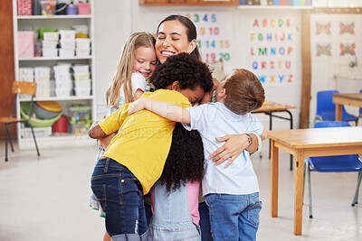 Buy stock photo Care, teacher with school children hug and in a classroom with a lens flare. Support or love, happiness or teaching and happy or cheerful woman with kindergarten kids hugging together in a class