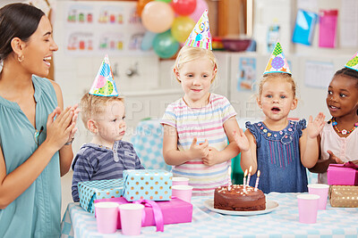 Buy stock photo Teacher, happy kids and birthday celebration in class, cake or excited for singing at party. Children, smile and diversity with woman for support, snack or dessert with applause, cheers and present