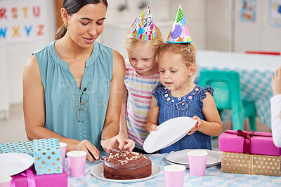 Buy stock photo Happy teacher, kids and birthday cake with plate in class, cutting or excited for snack at party. Children, woman and helping hand with support, dessert and sweets at creche, school or kindergarten