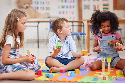 Buy stock photo Shot of a group of preschool students playing together