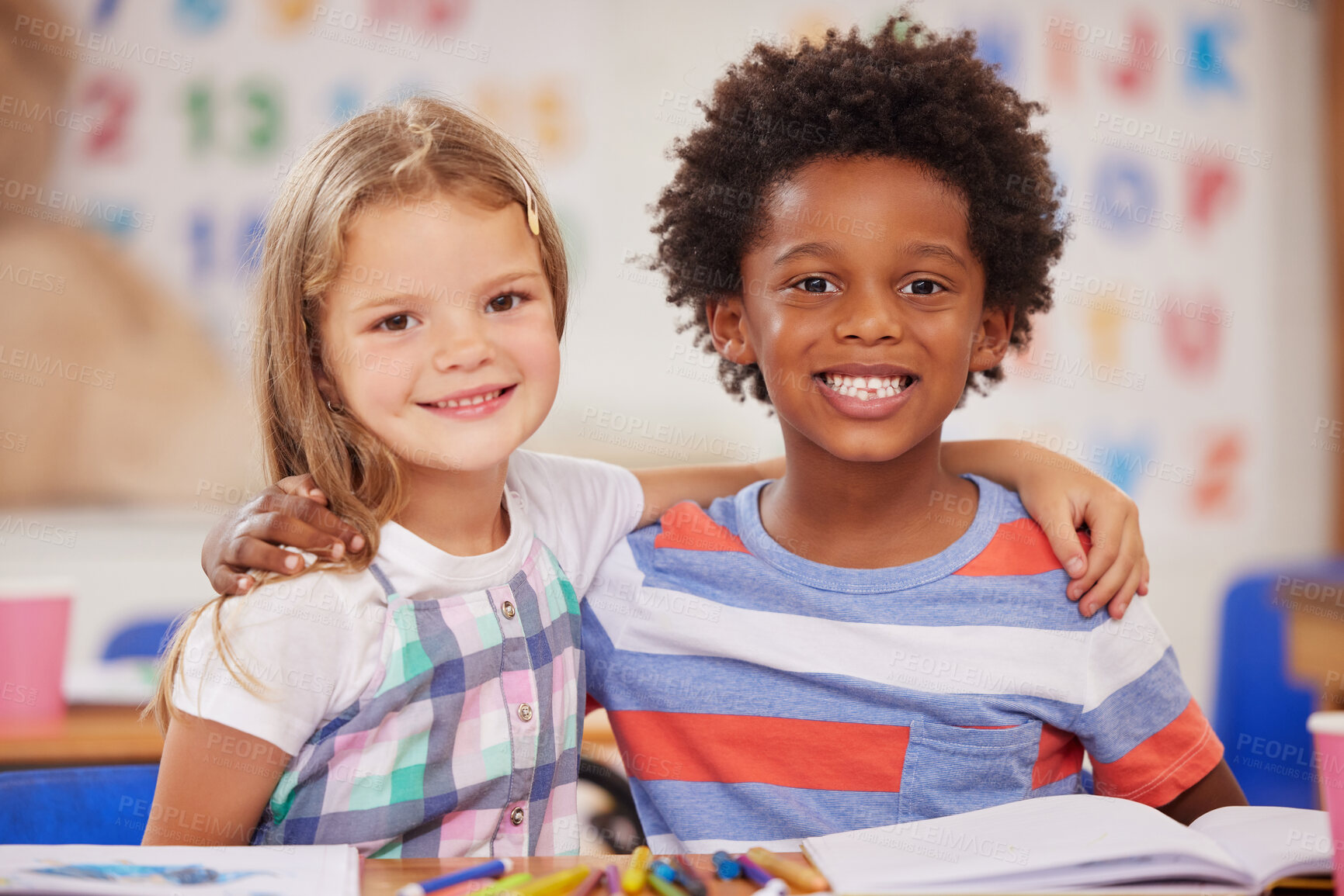 Buy stock photo Shot of two preschool students sitting together in class