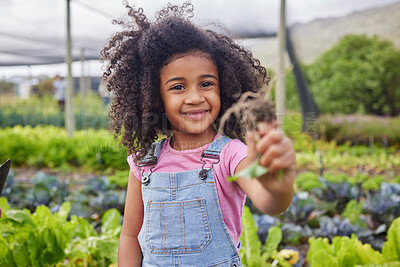 Buy stock photo Cropped portrait of an adorable little girl working on a farm