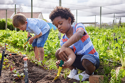Buy stock photo Full length shot of an adorable little boy working on a farm with his friend