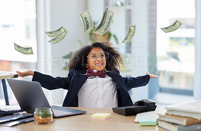 Buy stock photo Laptop, winner and child throw money for achievement, victory and online winning at home. Success, business mockup and young girl on computer celebrate, happy and excited for payment, bonus and goal