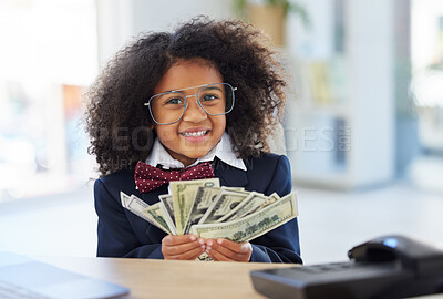 Buy stock photo Business, girl child in office and cash, smile and glasses, education in money management or budget planning. Portrait of corporate kid in suit, accounting and investing in future finance with kids.
