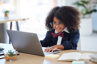 Buy stock photo Laptop, happy and a child pretending to be an employee, reading emails and playing on a computer. Smile, smart and a little girl typing on a pc to play pretend and acting as an office worker