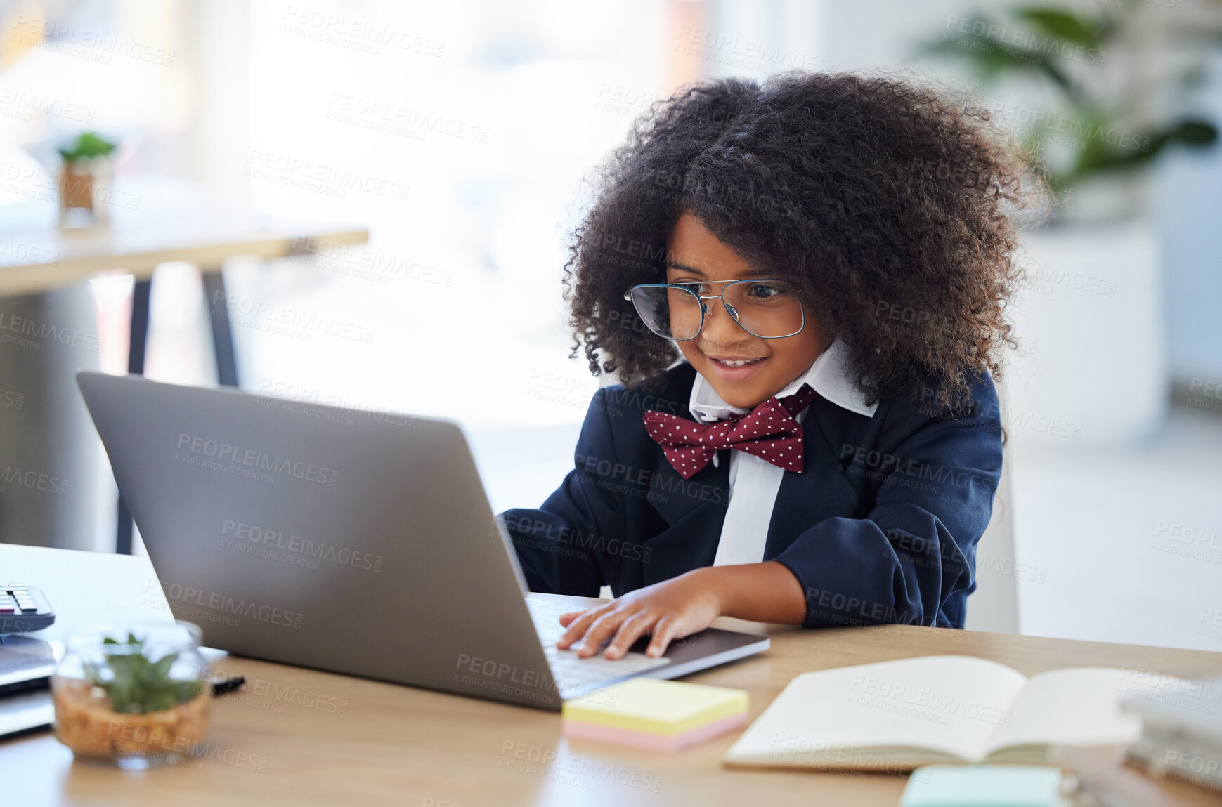 Buy stock photo Laptop, happy and a child pretending to be an employee, reading emails and playing on a computer. Smile, smart and a little girl typing on a pc to play pretend and acting as an office worker