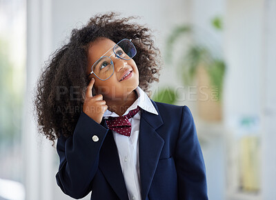 Buy stock photo Thinking, smile and a girl dressed as an employee with a plan, idea or strategy in an office. Happy, cute and a little child playing pretend in business with a solution, thoughtful and ideas