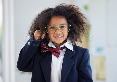 Buy stock photo Happy, portrait and a child dressed as an employee, playing in the office and having fun with work clothes. Smile, playful and a little girl wearing a suit to play pretend as a business person