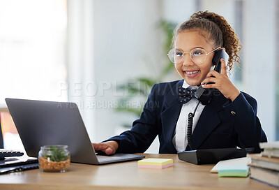 Buy stock photo Children, phone call and a girl playing in an office as a fantasy businesswoman at work on a laptop. Kids, telephone and a female child working at a desk while using her imagination to pretend