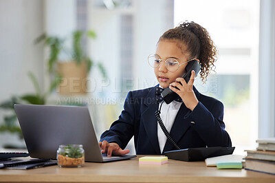 Buy stock photo Kids, telephone and a girl playing in an office as a fantasy businesswoman at work on a laptop. Children, phone call and a female child working at a desk while using her imagination to pretend