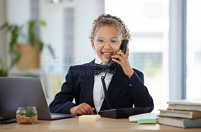 Buy stock photo Portrait, children and telephone with a business girl playing in an office as a fantasy employee at work on a laptop. Kids, phone call and a child working at a desk while using imagination to pretend