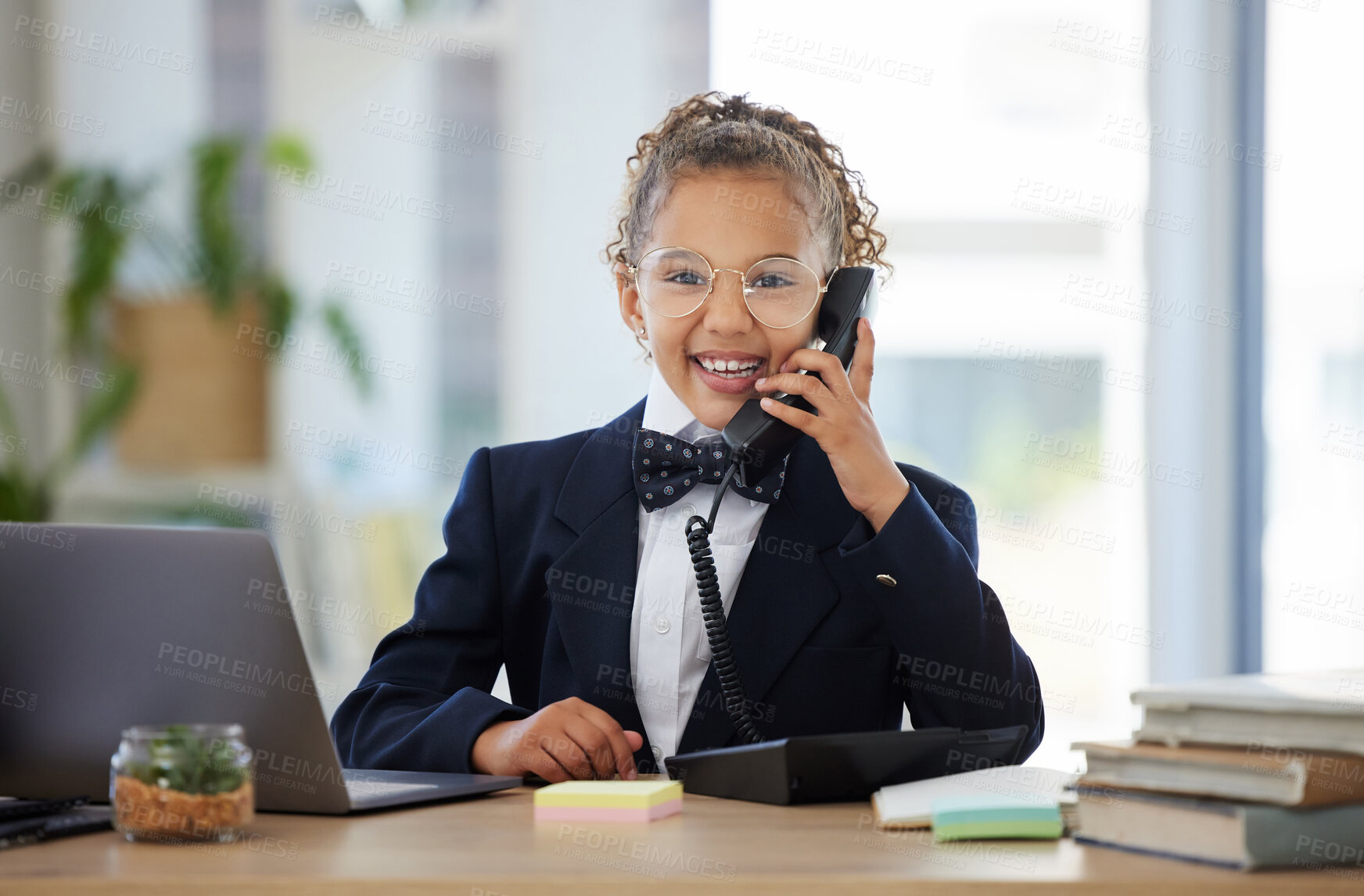 Buy stock photo Portrait, children and telephone with a business girl playing in an office as a fantasy employee at work on a laptop. Kids, phone call and a child working at a desk while using imagination to pretend