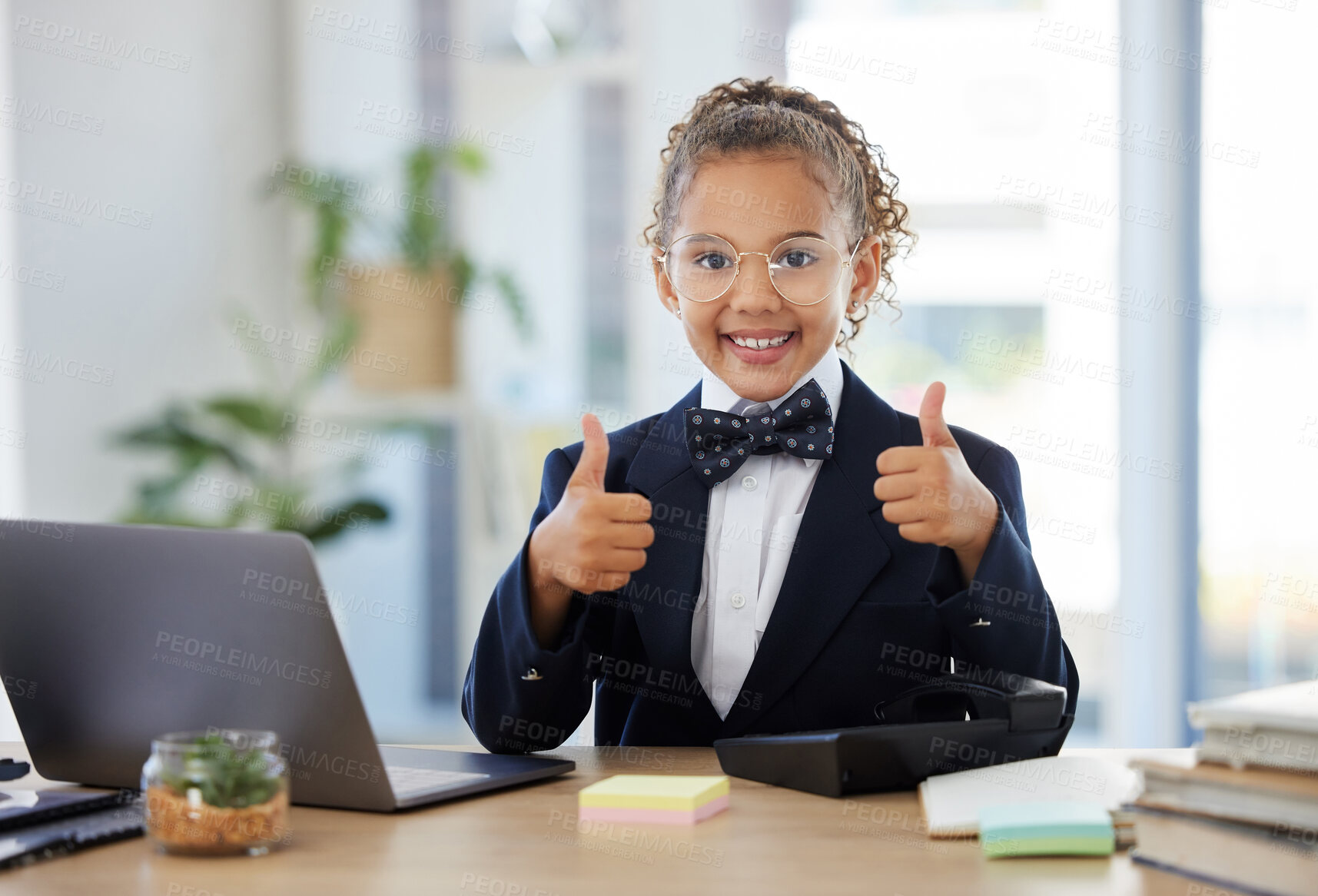 Buy stock photo Success, winner and child with thumbs up on laptop for achievement, victory and office results. Business, education and young girl on computer with hand gesture smile, happy and excited for goals