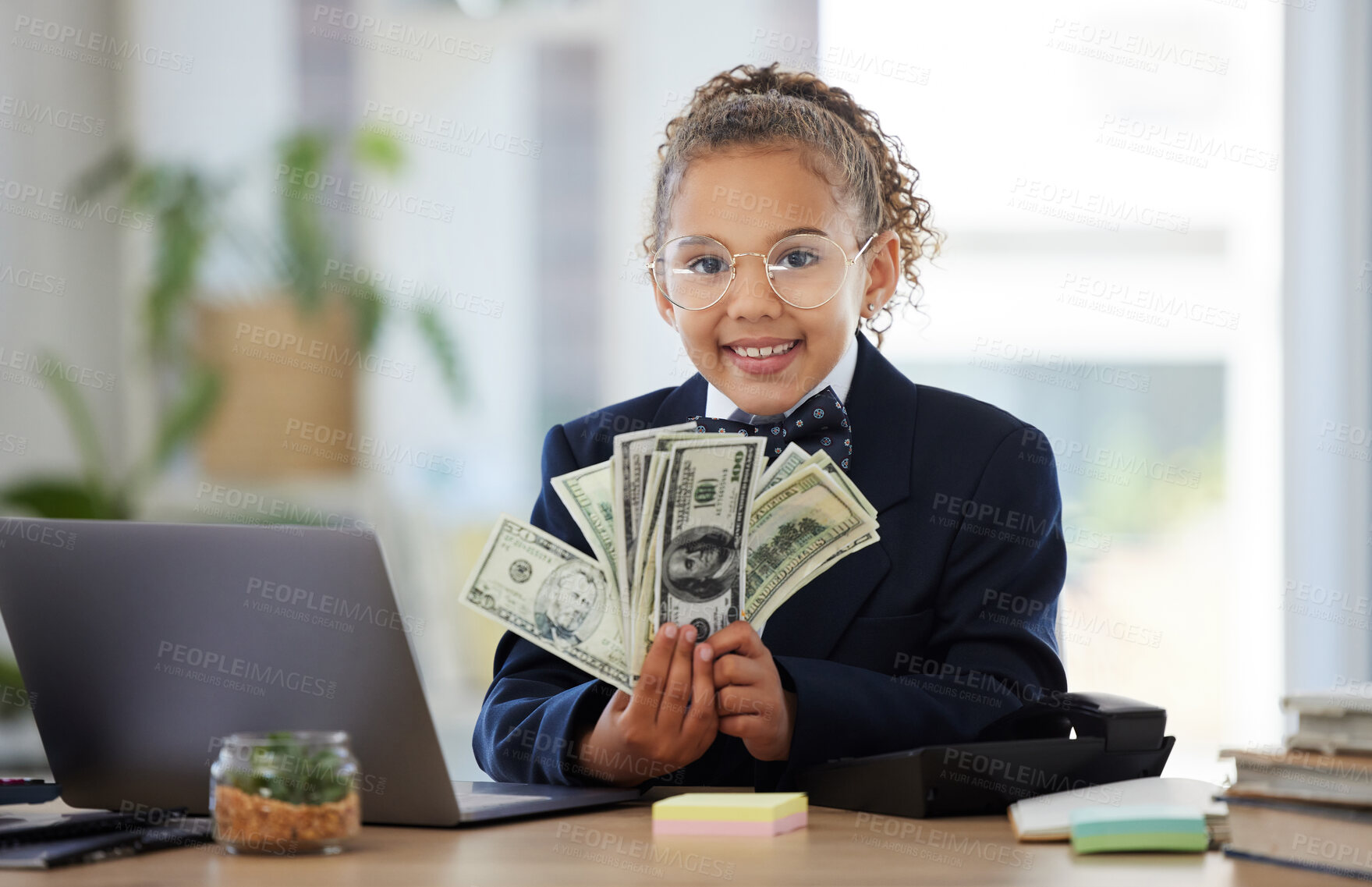 Buy stock photo Business, portrait of girl child and cash, smile and glasses, education in money management or budget planning. Happy corporate kid in suit, saving and investing in future finance with kids in office