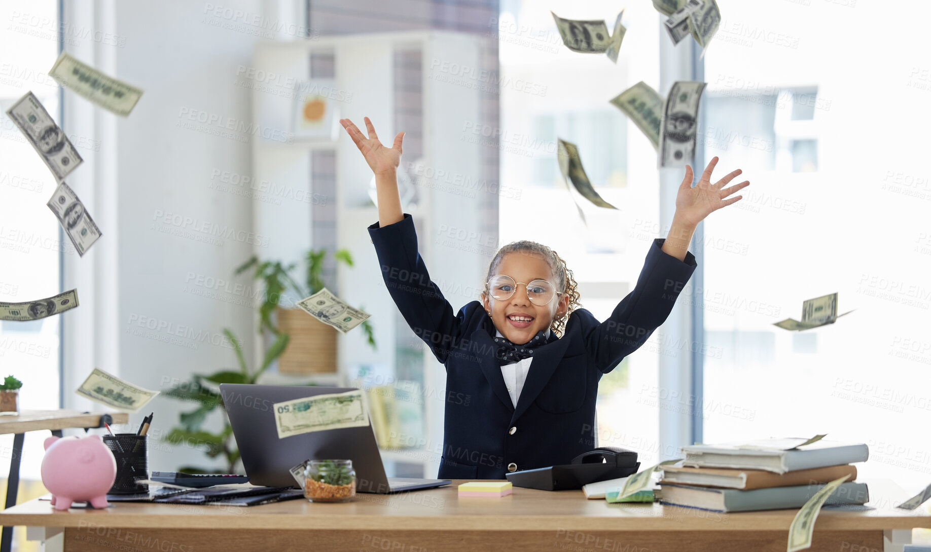 Buy stock photo Business, office and child with money rain, smile and education in budget management or success in finance. Portrait of girl, cash and celebration of financial wealth, invest in future corporate kid.