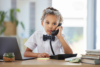 Buy stock photo Kids, phone call and a girl playing in an office as a fantasy businesswoman at work on a laptop. Children, telephone and a female child working at a desk while using her imagination to pretend