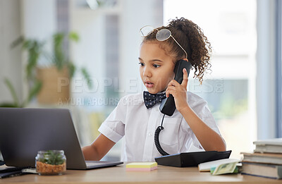 Buy stock photo Children, telephone and a girl having fun in an office as a fantasy businesswoman at work on a laptop. Kids, phone call and a female child working at a desk while using her imagination to pretend