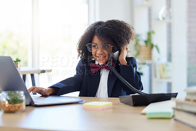 Buy stock photo Young child, playing office and phone call with laptop for networking, contact or communication. Girl, smile and listening for deal, negotiation and reading website on computer at desk in workplace