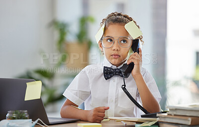 Buy stock photo Annoyed, business and telephone with child in office for stress, overworked and communication. Project, angry and burnout with young girl in corporate company for frustrated, busy and pressure