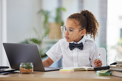 Buy stock photo Business, laptop and child play pretend, writing notes and reading for imagination career, learning or education. Focused professional kid or girl for dream job, game or work on computer and notebook