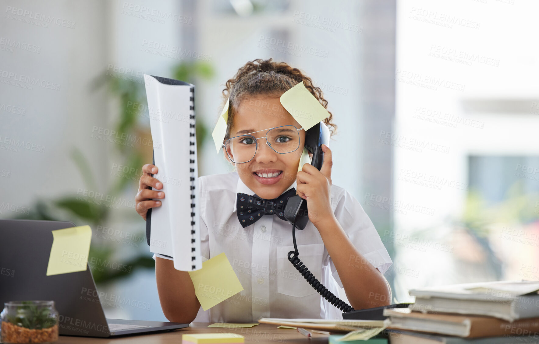 Buy stock photo Telephone, stress and child boss in the office with sticky notes and anxious, annoyed and upset face. Frustration, landline and girl kid ceo on a phone call by the desk working in a modern workplace.