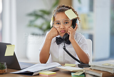 Buy stock photo Phone call, boss and child by a desk in the office with sticky notes and a stress, annoyed and upset face. Frustration, landline and girl kid ceo on a telephone while working in a modern workplace.