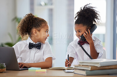 Buy stock photo Happy, talking and girls playing as business people in an office, pretending and acting like employees. Smile, together and little children with a laptop and on a phone call for pretend play