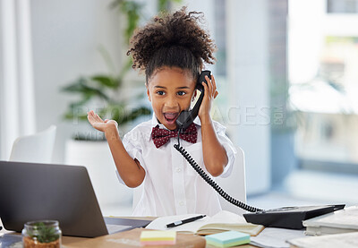 Buy stock photo Phone call, telephone and surprise with child in office for communication, news and notification. Excited, business and comic with young girl at desk in workplace for shocked, wow and announcement