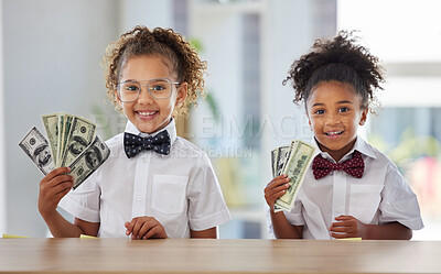 Buy stock photo Business, school and children in office with cash, smile and education in money management or budget planning. Portrait of girls, accounting and investing in future finance with happy corporate kids 