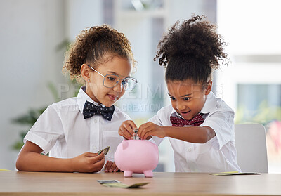 Buy stock photo Kids, saving and piggy bank budget of girl friends playing pretend office accountant workers. Financial planning, learning and children with cash and money deposit profit into safe with happiness