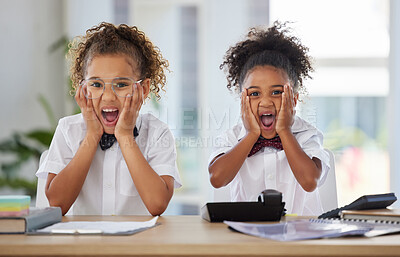 Buy stock photo Portrait, surprise and kids in business office playing, pretending and fantasy in workplace. Shock, wow and girls, friends or children pretend to be corporate employees, having fun and screaming.