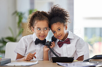 Buy stock photo Phone call, office and children dressed as employees for play time, acting and pretending. Happy, business and girl kids with a telephone, eavesdropping and listening to a conversation while playing