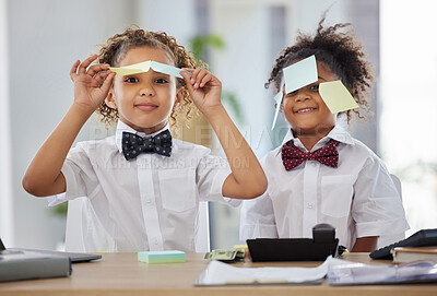 Buy stock photo Kids, together and playing office with sticky note in portrait with happiness, brainstorming and teamwork. Siblings, girl and happy with paper, planning or play as business people for bond with games