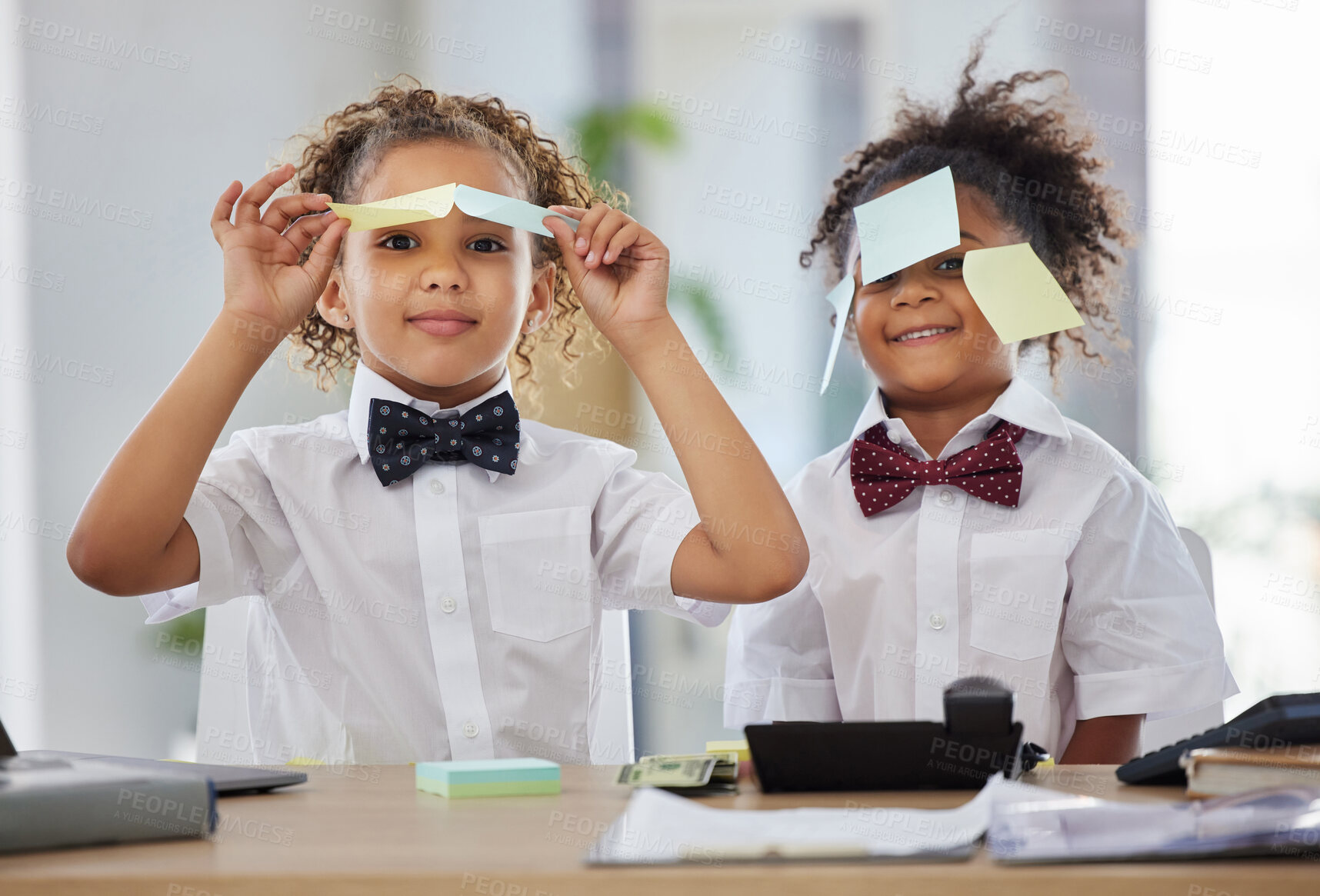 Buy stock photo Kids, together and playing office with sticky note in portrait with happiness, brainstorming and teamwork. Siblings, girl and happy with paper, planning or play as business people for bond with games